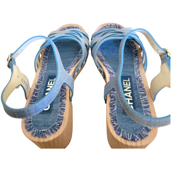 Chanel Denim Clogs CC Logo Sandals Blue Strappy Pearls Heel Shoes Day 7.5 38 - Picture 7 of 12
